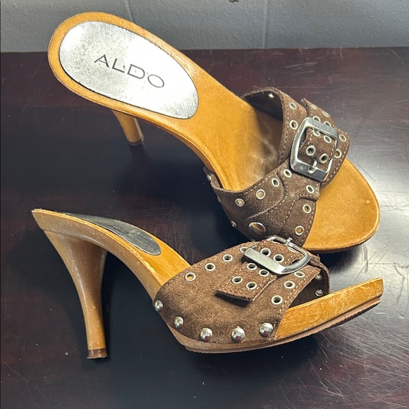 Aldo Shoes - Aldo Brown Peep-Toe Heels with Silver Accents 4 35